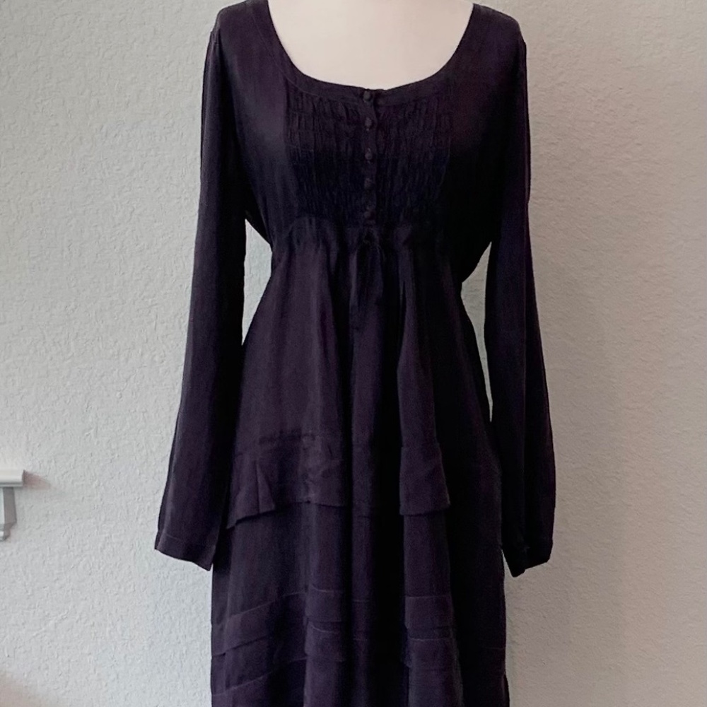 Johnny Was Grape Purple Dress with Smocked Bodice and Long Sleeves
